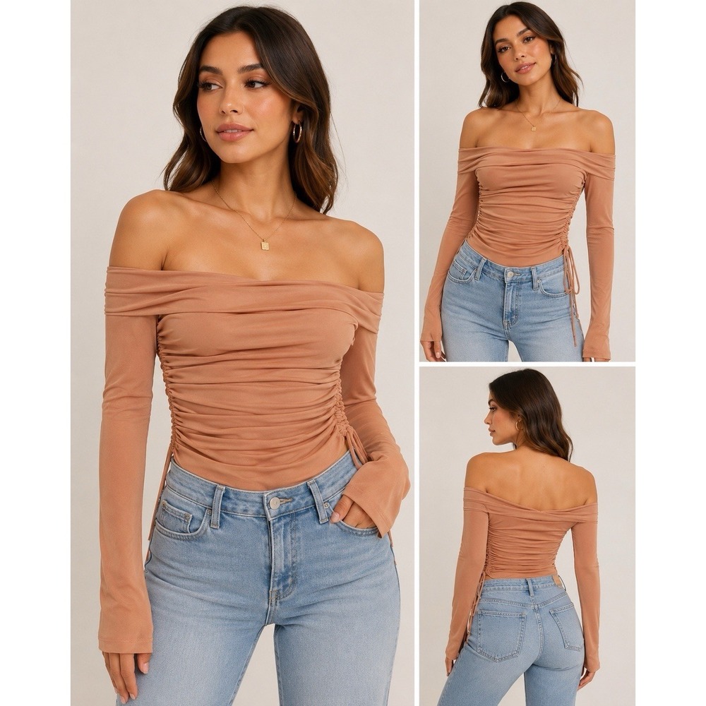 FOREVER 21 Women's Tan Solid Off Shoulder Ruched Long Sleeve Knit Top Size S - Picture 5 of 5